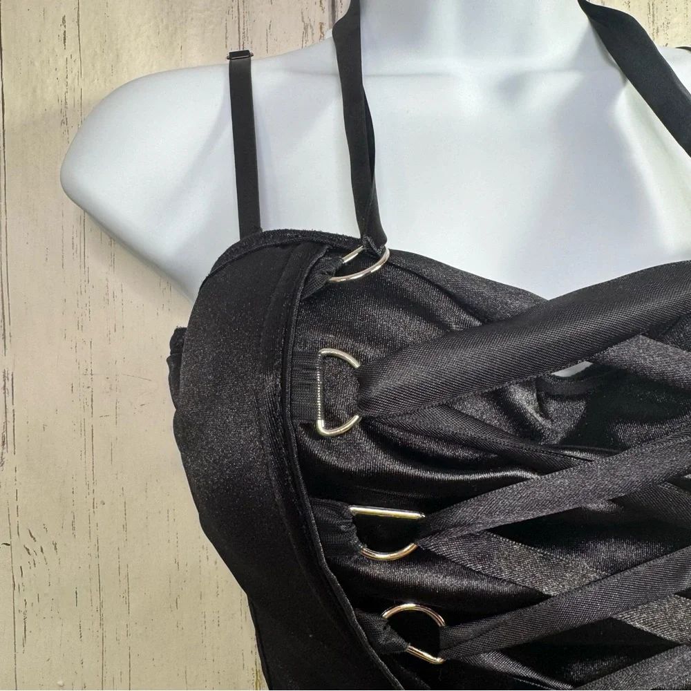 Gothic Black Lace Up Corset Top Spirit Halloween M Y2K Burlesque Festivalwear - Picture 2 of 16